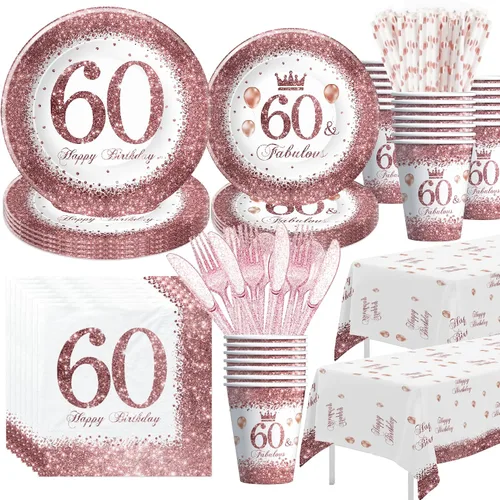 Xigejob Decoraciones de cumpleaños número 60 para mujer, color oro rosa con el número 60 y fabulosas decoraciones de vajilla, plato, taza,
