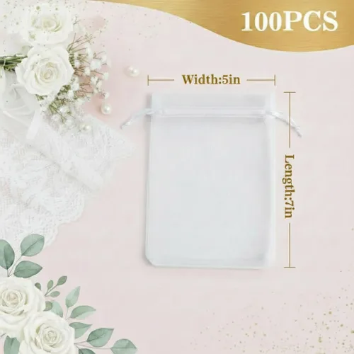 Miniatura 2 de Sukh 100 bolsas de organza de 5''x7'' - Bolsas de malla transparente blanca con cordón para joyas, jabón, frutas, dulces, pequeñas bolsas de regalo