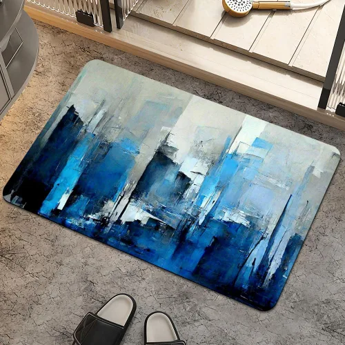Miniatura 8 de Alfombra de baño, diseño abstracto de mármol azul y dorado, antideslizante, de secado rápido, súper absorbente, delgada, para debajo de la puerta