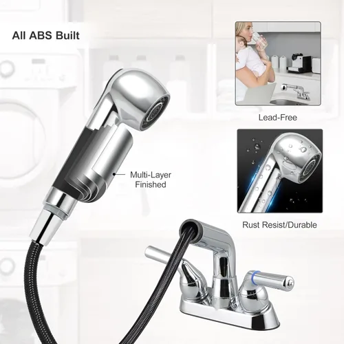 Miniatura 8 de Grifo de lavabo utilitario, grifo de lavadero con rociador extraíble, grifo de plástico ABS, centro de 4 pulgadas, instalación de 3 agujeros,