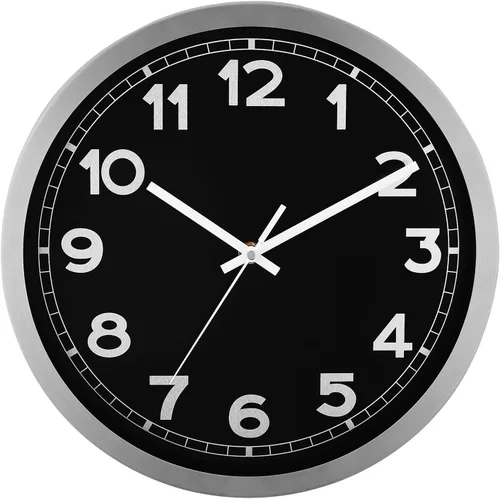 Plumeet Reloj de pared pequeño, 10 pulgadas, funciona con pilas, con marco de aluminio plateado, reloj de pared de metal silencioso que no hace