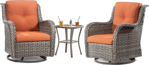 Miniatura 16 de Juego de 2 sillas de patio giratorias de 360 grados para exteriores y mesa auxiliar a juego – 3 sillas deslizantes de mimbre para patio con cojines