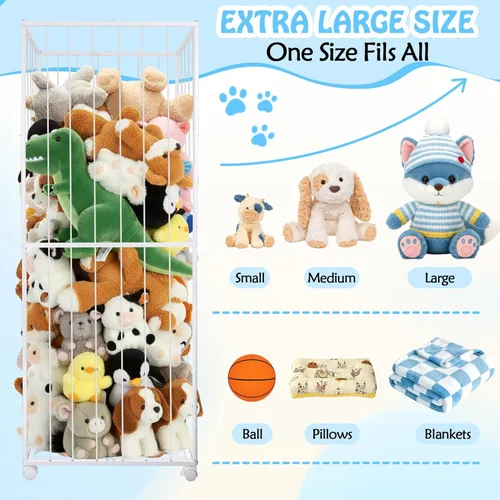 Miniatura 3 de Almacenamiento de animales de peluche, tubo de metal extra grande organizador de almacenamiento de juguetes con ruedas de freno, soporte para Blanco