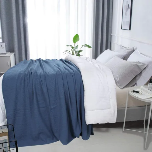 Miniatura 3 de DOLLCENT Manta 100% Algodón Tamaño Twin para Cama, Mantas Ligeras Peinadas Suaves Premium, Manta de Cama de Tiro Lavada Transpirable Acogedora, Azul