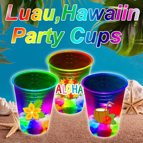 Miniatura 7 de mishunyus 24 tazas de fiesta hawaianas Luau brillantes, tazas de fiesta Tiki intermitentes, decoraciones tropicales para fiestas hawaianas (16 onzas)