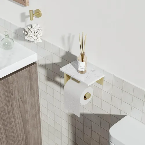 Miniatura 2 de Soporte de papel higiénico dorado cepillado con estante de mármol, soporte de mano de papel higiénico de acero inoxidable 304 montado en la pared