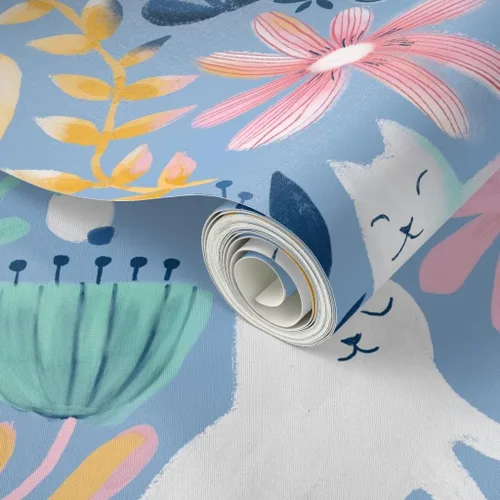 Miniatura 2 de Spoonflower Papel tapiz para despegar y pegar, papel tapiz extraíble personalizado de gatos de primavera con diseño de gatos florales