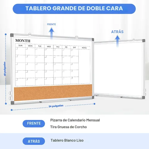 Miniatura 2 de Pizarra Blanca de Calendario Mensual de Borrado en Seco Combinada con Tablero de Corcho para Pared, 24" x 18" Calendario de Pizarra Blanca de Doble