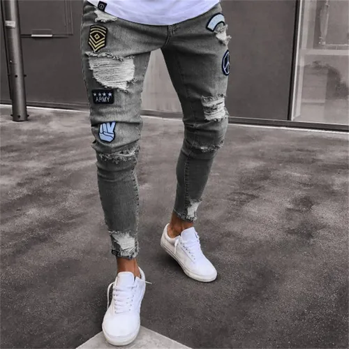Miniatura 2 de Pantalones de mezclilla ajustados para hombre, ajustados, rasgados, ajustados, desgastados, con agujeros rasgados