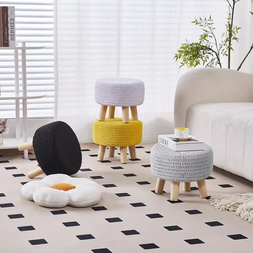 Miniatura 5 de Wimarsbon Otomanos Pequeños, 100% Puf Otomano Tejido a Mano, Reposapiés Redondo con 4 Patas de Madera Antideslizante, Puf Boho de Cuerda de Algodón