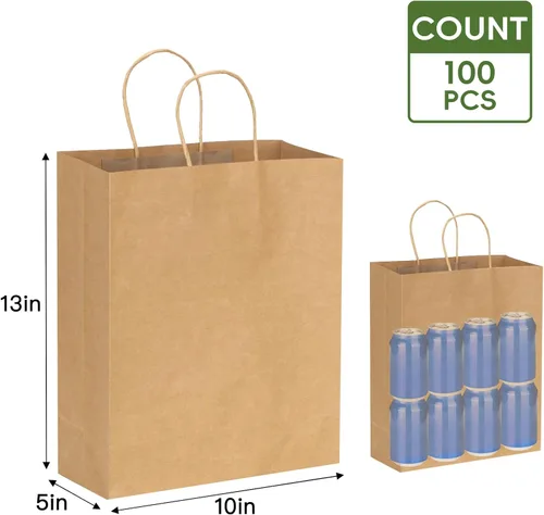 Miniatura 2 de Moretoes 100 bolsas de papel de regalo de 10 x 5 x 13 pulgadas, bolsas de papel kraft marrón con asas a granel para compras, venta al por menor