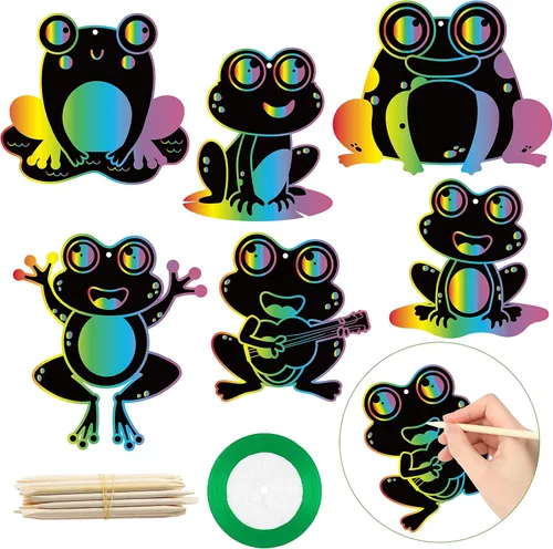 HubirdSall 60 piezas de ranas funky Scratch Art para niños, primavera y verano, rana de color mágico, manualidades de Pascua, kit de adornos