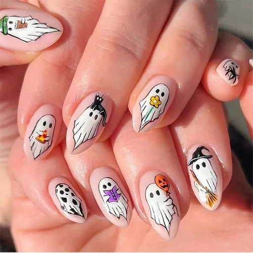 Miniatura 25 de Uñas postizas a presión de Halloween, uñas postizas cuadradas cortas con diseños de gato negro, acabado degradado brillante, cobertura completa