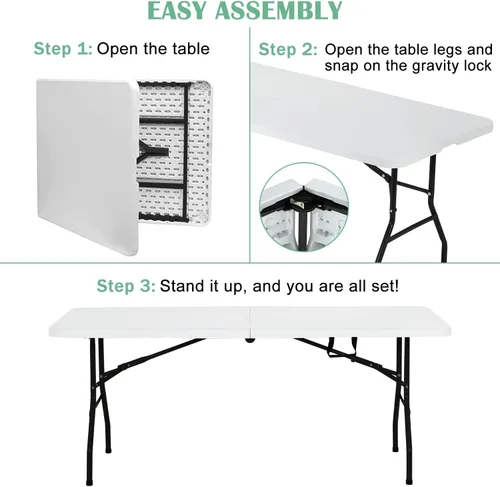 Miniatura 5 de Mesa plegable portátil de 6 pies plegable por la mitad con asa, soporta hasta 500 libras, mesa de comedor para interiores y exteriores para fiestas