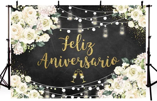 Miniatura 3 de AIBIIN Telón de fondo de feliz aniversario de 8 x 6 pies con temática mexicana, decoraciones de feliz aniversario, flores blancas, fondo