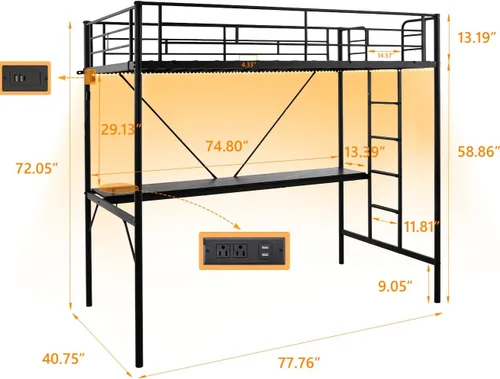 Miniatura 2 de VINGLI - Estructura de cama alta de metal de tamaño individual para niños, adolescentes y adultos con escritorio debajo, 2 estaciones de carga