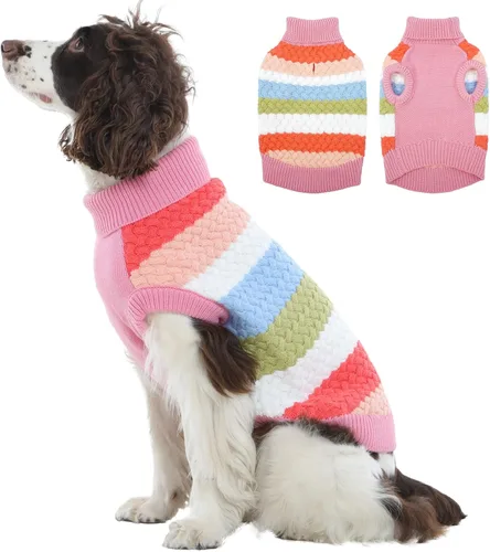 Miniatura 24 de Kuoser Suéter grande para perro, suéteres de punto de cuello alto para perros grandes, rayas coloridas, chaleco de punto para mascotas, ropa cálida