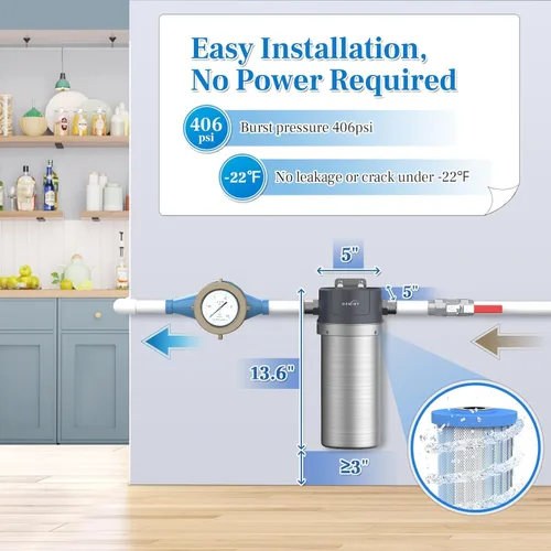 Miniatura 6 de Filtro de agua para toda la casa, carcasa de filtro de acero inoxidable, filtro de sedimentos de 10 x 4.5 pulgadas, sistema de prefiltración