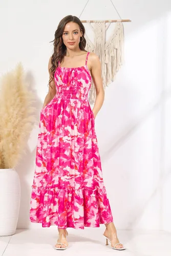 Miniatura 4 de GRACE KARIN Vestido largo de verano para mujer, sin mangas, floral, tirantes delgados, fruncido, bohemio, para playa, con bolsillos