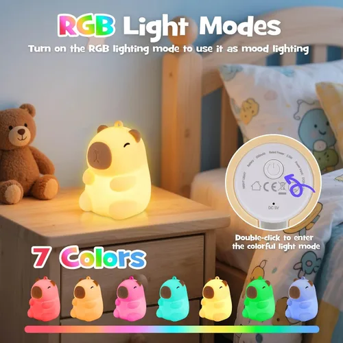 Miniatura 4 de Luz Nocturna de Capibara Navideña Suave con Modos RGB Regulable Luz Nocturna de Guardería para Lactancia Colgable Linda Lámpara de Animal Novedosa