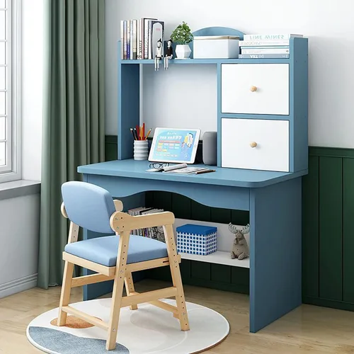 Miniatura 10 de QQXX Juego de escritorio y silla de altura ajustable, mesa de estudio de madera con gabinete y cajón de almacenamiento, mesa de escritorio de Azul A
