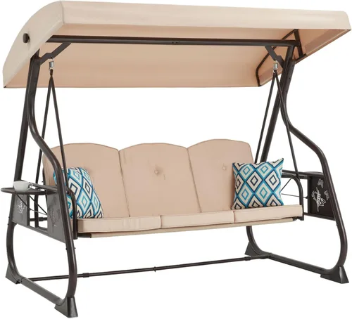 ZZW Silla de columpio para patio de 3 asientos, 800LBS, columpio al aire libre con soporte, con dosel y respaldo ajustable, silla columpio para