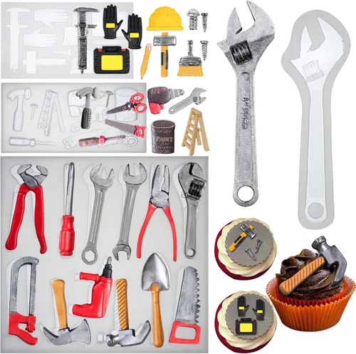 FUNSHOWCASE Construction Tools - Moldes de silicona para fondant, paquete de 4 unidades para chocolate, dulces, azúcar, cupcakes, decoración de 4