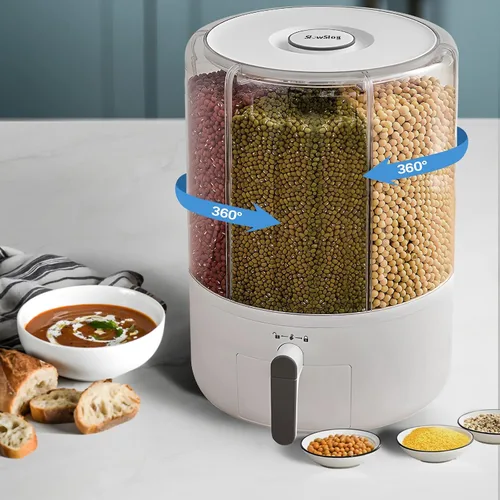 Miniatura 7 de Dispensador de Granos Slow Slog, Contenedor de Almacenamiento Giratorio de 360°, Dispensador de Alimentos de 6 Rejillas con Tapa Sellada
