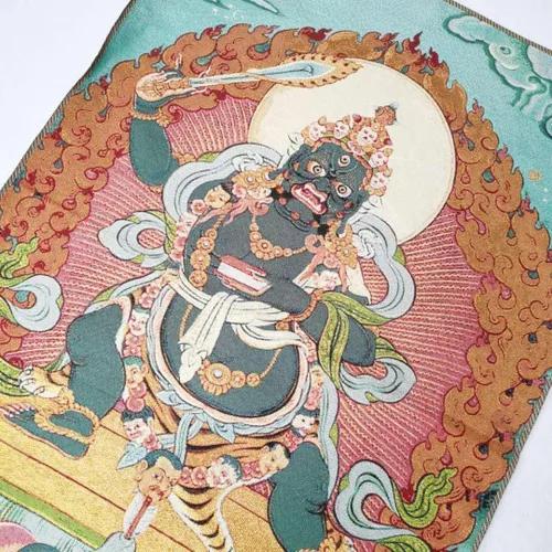 Miniatura 3 de Tapiz de budismo tibetano Thangka con bordado de seda, color negro, Wenshu Manjushri Tangka Fengshui, mural, pintura mural para colgar en la pared