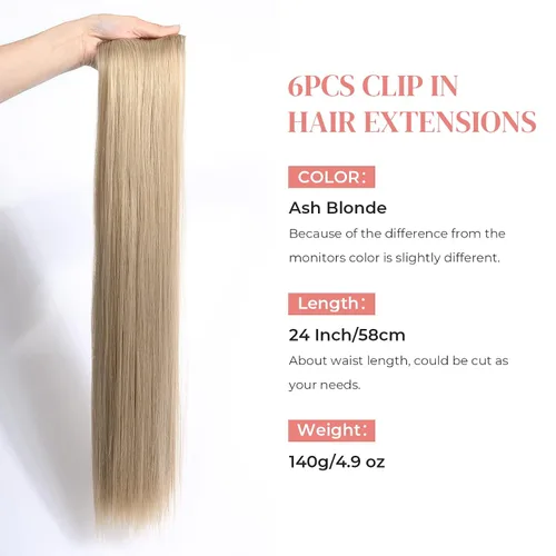 Miniatura 3 de LONAI 6 extensiones de cabello con clip, 24 pulgadas de largo, lacio, sintético, postizo para mujer, rubio ceniza natural
