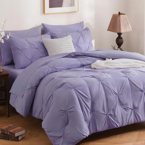 DOWNCOOL Juego de edredón de 7 piezas color púrpura lavanda tamaño completo, cama en una bolsa con pintuck, juego de cama tamaño completo con