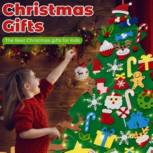 Miniatura 6 de TonJin Juego de árbol de Navidad de fieltro para niños pequeños con cadena de luces LED de 16.4 ft/16.4 pies, 3.2 pies/38.6 in para colgar