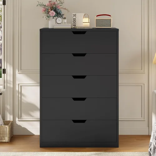 Miniatura 3 de HAUOMS Cómoda alta de 5 cajones, cómoda moderna negra para dormitorio, vestidor de armario con cajones para sala de estar, entrada, pasillo Negro