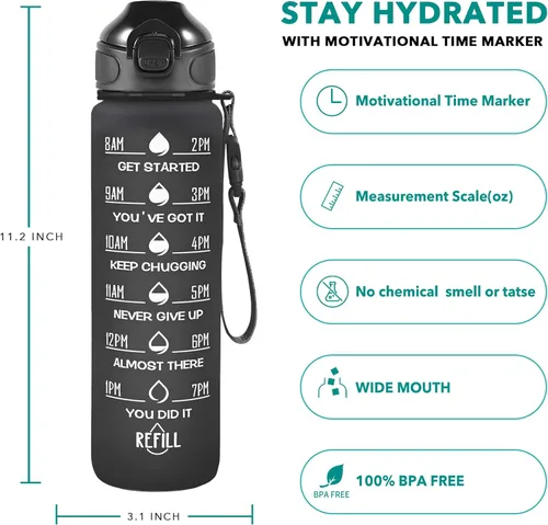 Miniatura 2 de Enerbone Botella de agua potable de 32 oz con tiempos para beber y popote, motivacional con correa para llevar, a prueba de fugas, sin BPA ni NEGRO