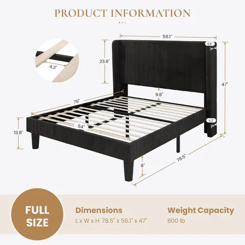 Miniatura 2 de SHA CERLIN - Base de cama tamaño Full tapizada en pana con plataforma y cabecera acolchada con diseño acanalado vertical estilo wingback, 8