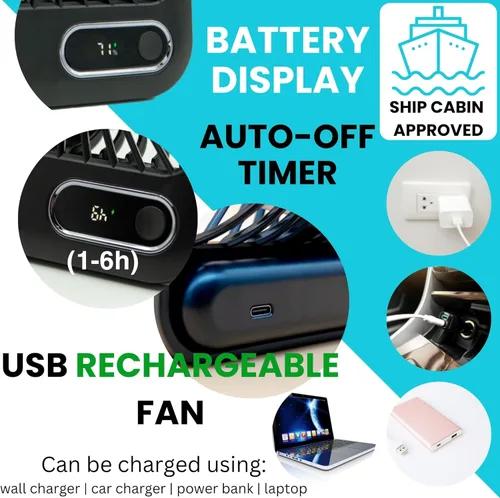 Miniatura 6 de Ventilador de Cabina para Crucero Aprobado - Gancho Magnético Incluido Para Colgar en Paredes - Portátil Recargable USB y Enchufe, Función de Negro