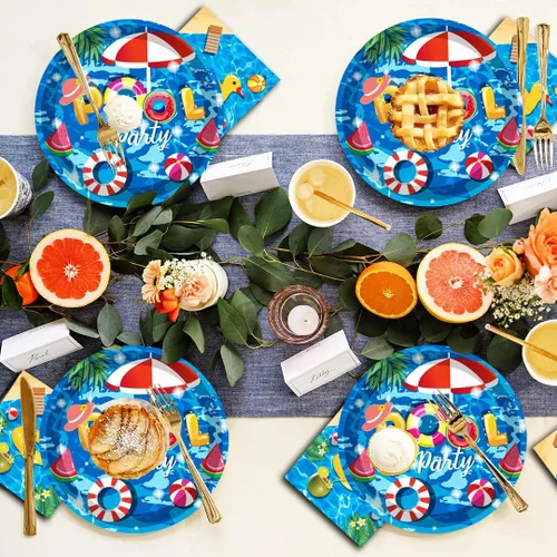 Miniatura 6 de Juego de 60 piezas de vajilla para fiesta en la piscina, platos de fiesta en la piscina de 7 pulgadas y servilletas de piscina, tenedor