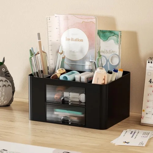 Miniatura 2 de Organizador de escritorio Vimbo de 7 rejillas con cajón – Organizador de mesa multifuncional de plástico y soporte para bolígrafos para la escuela