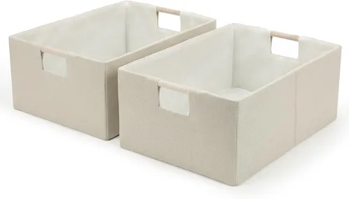 Miniatura 10 de Cubos de almacenamiento de tela plegables, 2 paquetes de cestas de almacenamiento de tela con asas de madera, contenedores organizadores plegables