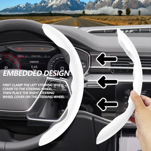 Miniatura 5 de 2 piezas fundas de volante de fibra de carbono de ajuste universal, antideslizante, protector de volante segmentado, accesorios interiores de Blanco