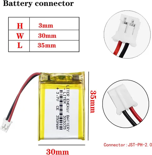 Miniatura 2 de Litro 3.7V 350mAh 303035 Lipo batería recargable de iones de litio con conector JST 0.079 in