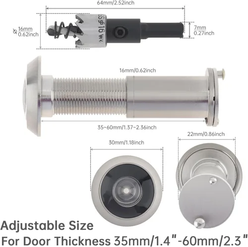 Miniatura 2 de Mirilla para Puerta, Latón Macizo con Mirilla de 200 Grados con Broca de 16 MM para Puertas de 1-1/2" a 2-3/8", Visor de Puerta con Diámetro
