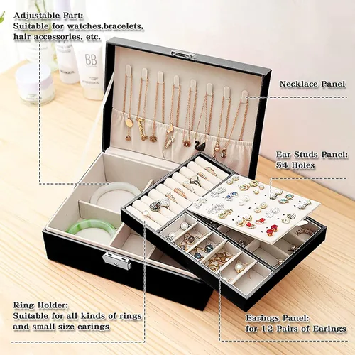 Miniatura 4 de Organizador de joyas para mujer organizador grande de joyas de viaje de 2 capas de piel sintética con forro suave para mujeres y niñas anillos