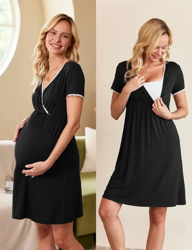 Miniatura 2 de Ekouaer - Camisón de dormir de manga corta 3 en 1 para mujer, plisado, para lactancia, parto y maternidad, tallas S-XXL