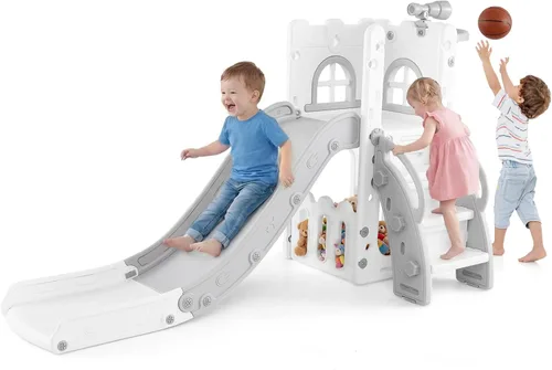 OLAKIDS Tobogán para niños pequeños, 6 en 1 para interiores y exteriores, con aro de baloncesto, telescopio, almacenamiento de juguetes para niños y