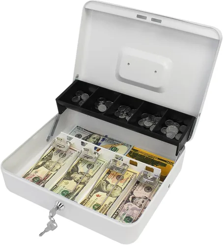 Miniatura 9 de Caja de efectivo con cerradura de combinación, caja de dinero de metal con bandeja de dinero, caja de bloqueo de efectivo para venta de garaje