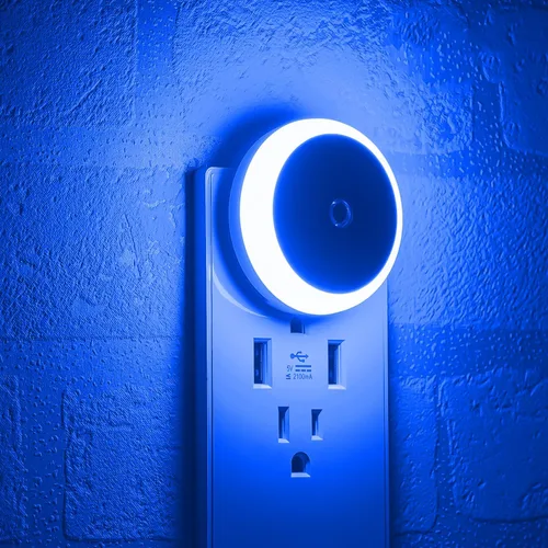 Luz nocturna LED azul, enchufable, sensor inteligente del atardecer al amanecer, luz nocturna redonda pequeña, ahorro de energía, luz nocturna