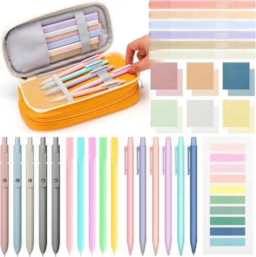 Miniatura 8 de 30 piezas de suministros escolares estéticos con estuche, 6 lápices mecánicos, 5 bolígrafos, 5 bolígrafos de secado rápido, 6 resaltadores pastel