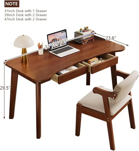 Miniatura 2 de Escritorio para computadora con 2 cajones, escritorio moderno de oficina en casa, mesa de estudio curvada de madera maciza (39 pulgadas, natural)