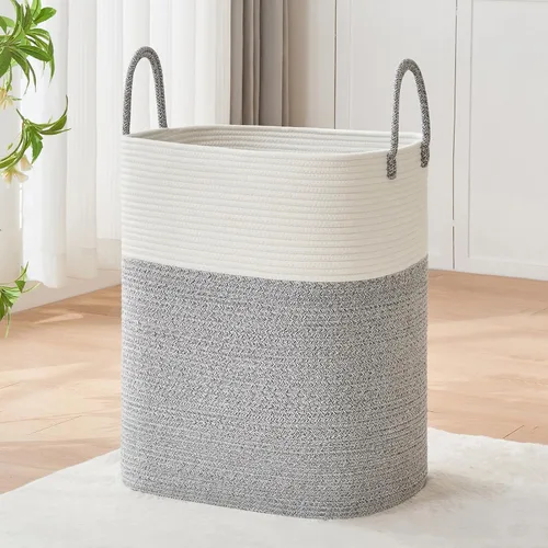 Miniatura 20 de AINUOQI Cesta de Ropa Sucia Grande Cesta de Lavandería con Asas de Cuero, Cesta de Almacenamiento Decorativa de Cuerda de Algodón Tejida para Yute